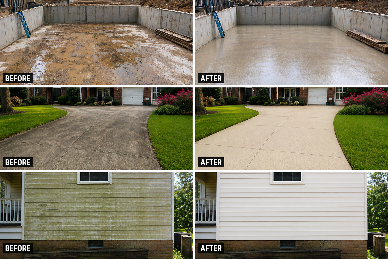 Before and after power washing comparison - pool area, driveway, and house siding transformations