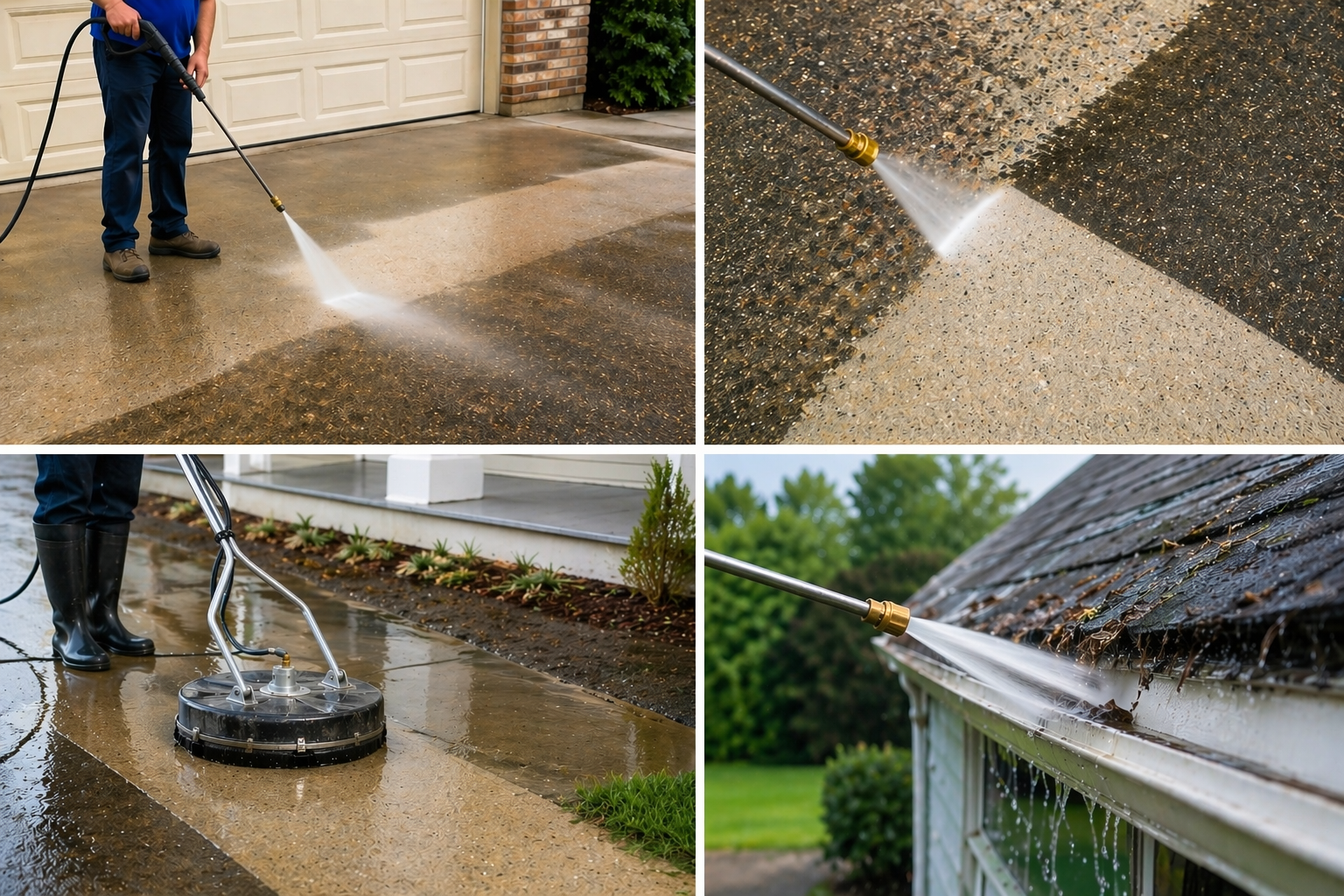 Power washing services collage - driveway, surface cleaning, and gutter cleaning