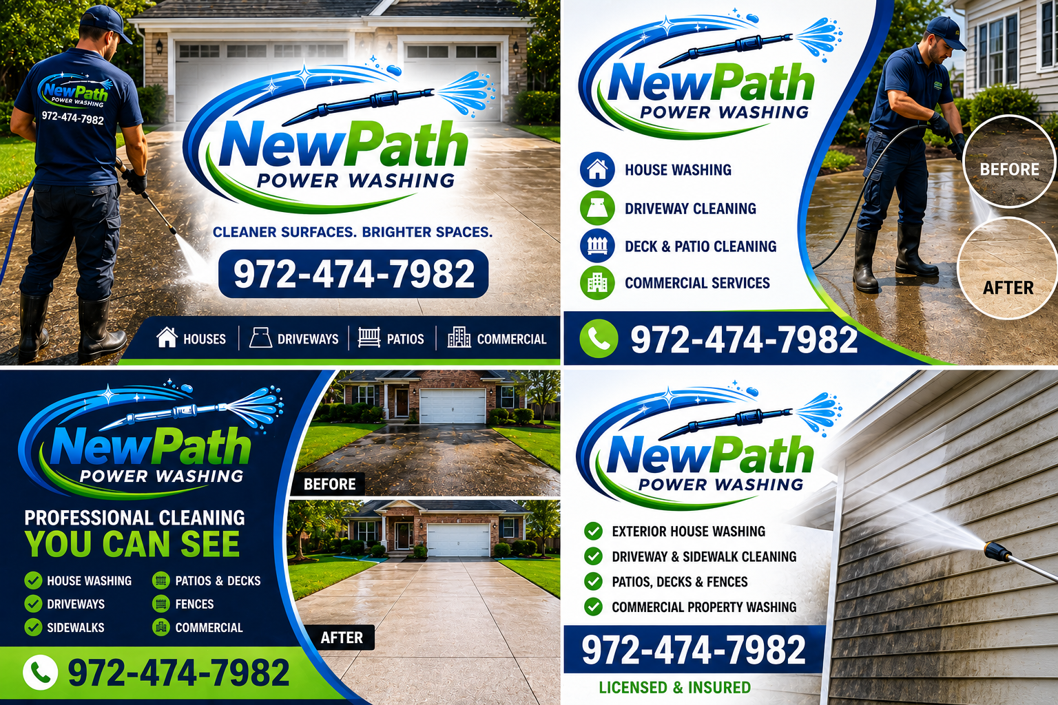 NewPath Power Washing promotional images showcasing services and before/after transformations